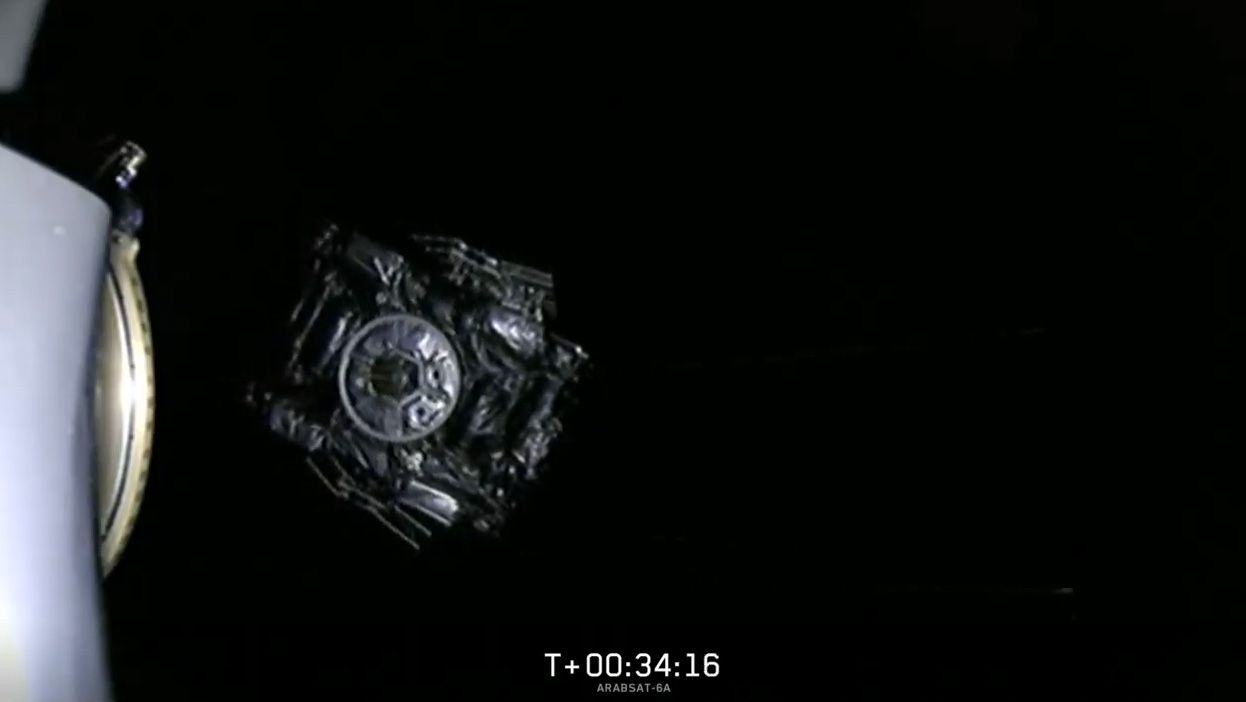 The communications satellite Arabsat 6A separates from the second stage of SpaceX's Falcon Heavy rocket during its April 11, 2019 launch, ending a successful liftoff and trip to orbit.