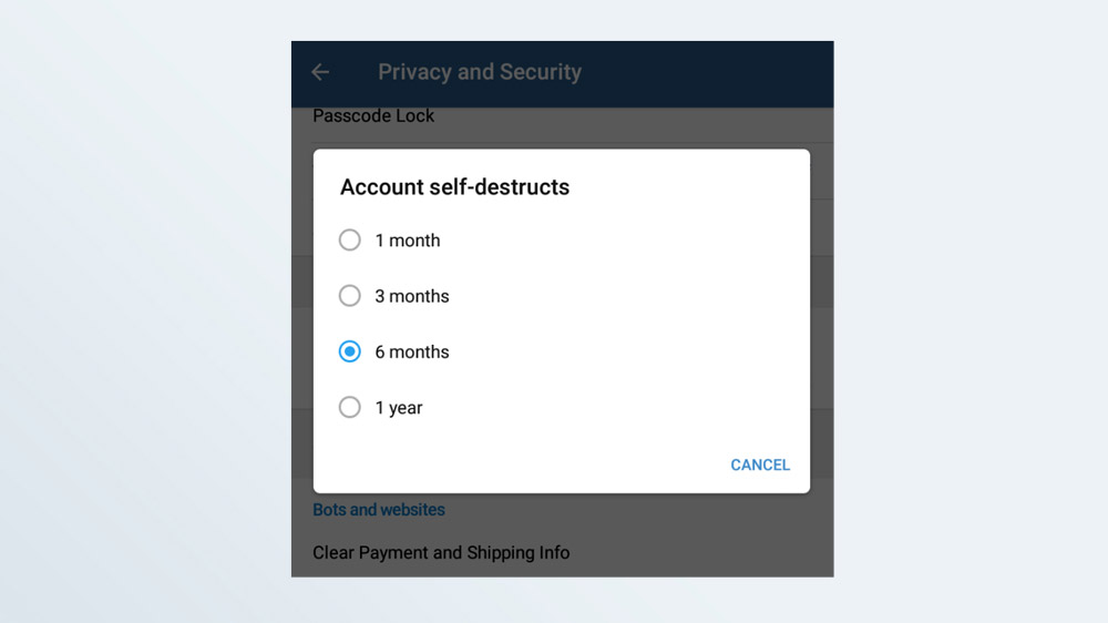 Captura de pantalla de la pantalla de configuración de autodestrucción de la cuenta de Telegram en la aplicación de Android.