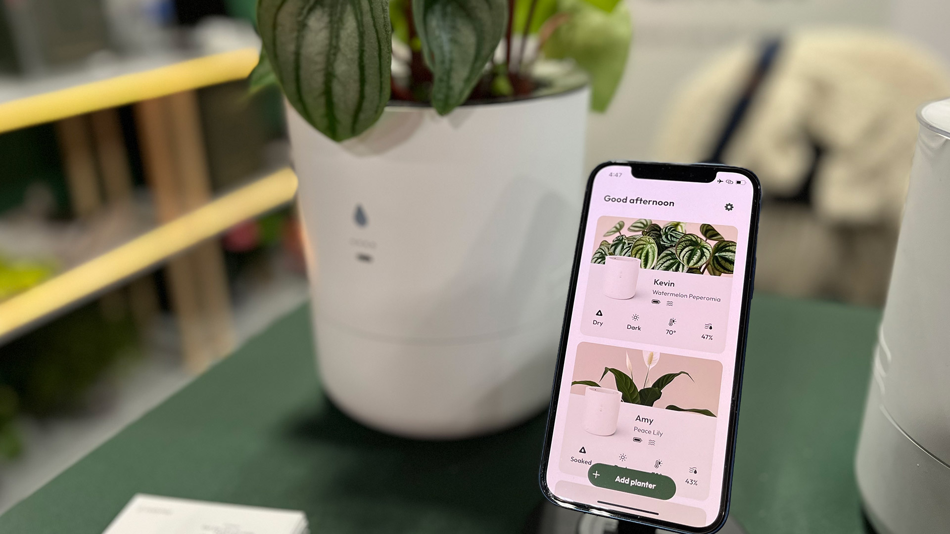 A phone displays some smart plant pots connected to it