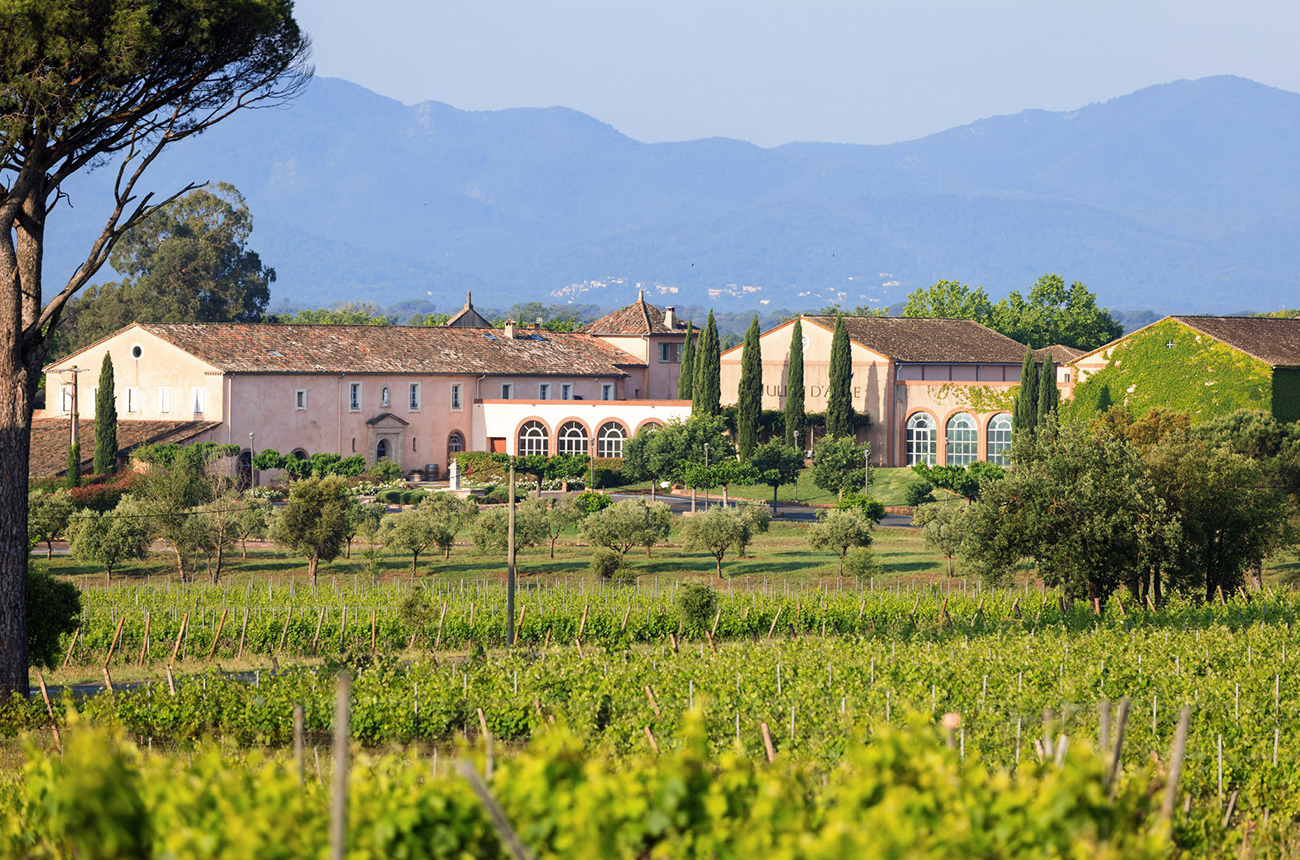 The winery, a pink building with trees in front of it, with vines in the foreground and hills in the background