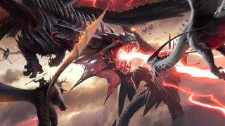 A dragon spits red lightning in the sky as others roar and winged riders prepare to hurl spears