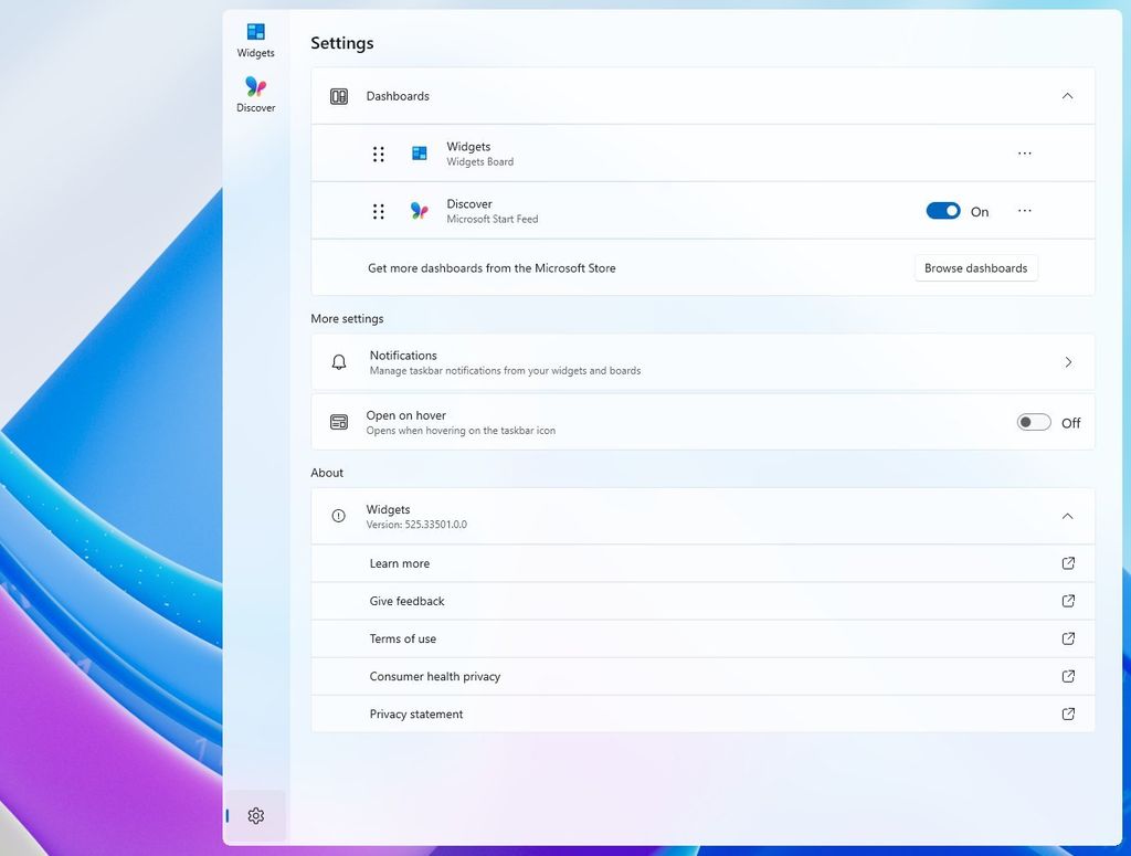 Widgets board new settings page