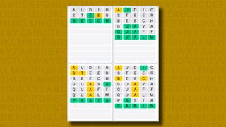 Quordle Daily Sequence answers for game 1113 on a yellow background