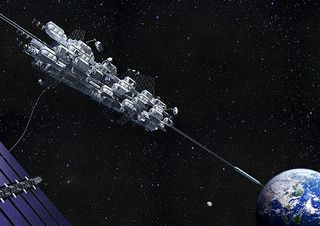 An artist's illustration of a space elevator hub station in space as a transport car rides up the line toward the orbital platform. Solar panels nearby provide power.