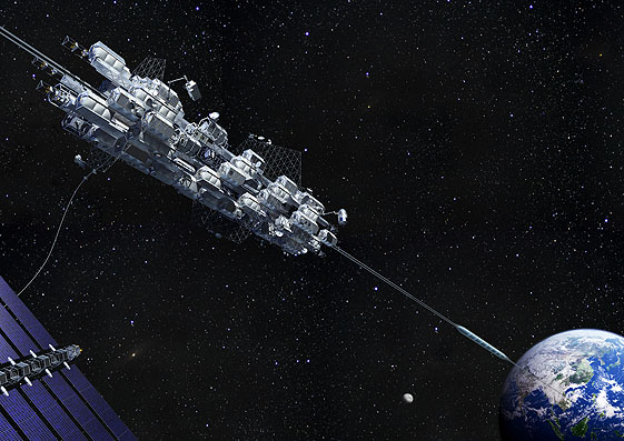 A tether connects the Earth and a device in space. Solar panels are seen toward the left side.