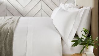 A set of the runner up for best bed sheets, The White Company's 200 Thread Count Egyptian Cotton Duvet Cover on a modern bed next to a potted plant and books