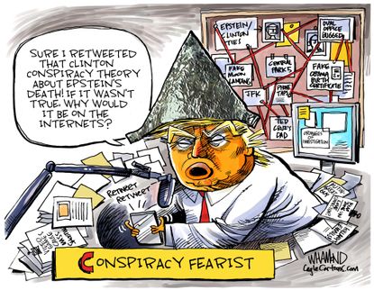Political Cartoon U.S. Trump Epstein Tweets Conspiracy Fearist Radio Show