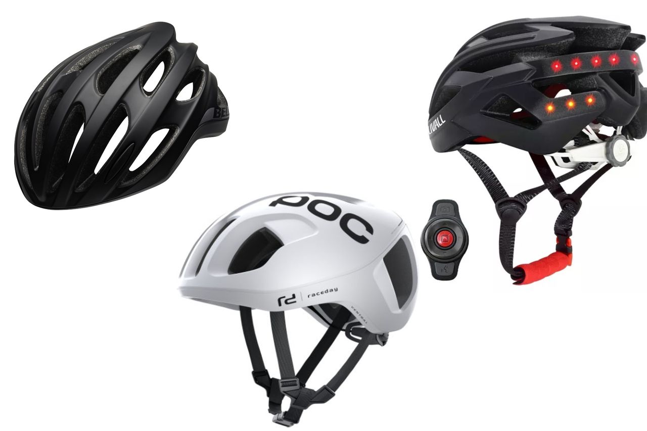 The best bike accessories could be a new bike helmet. This image includes three of our favourites, including the Bell on the left, a white POC helmet in the centre and a LIVALL helmet, which is pictured read facing forward on the right. 