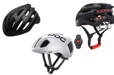The best bike accessories could be a new bike helmet. This image includes three of our favourites, including the Bell on the left, a white POC helmet in the centre and a LIVALL helmet, which is pictured read facing forward on the right. 