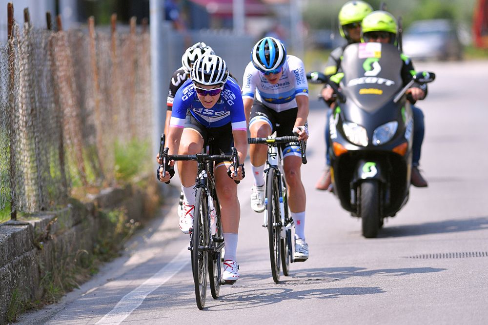 Giro Rosa stage 8 breakaway: Elisa Longo Borghini of Italy and Team Wiggle High5 Blue Best Italian Rider / Marianne Vos of The Netherlands and Team WaowDeals Pro Cycling / Lucinda Brand of The Netherlands and Team Sunweb