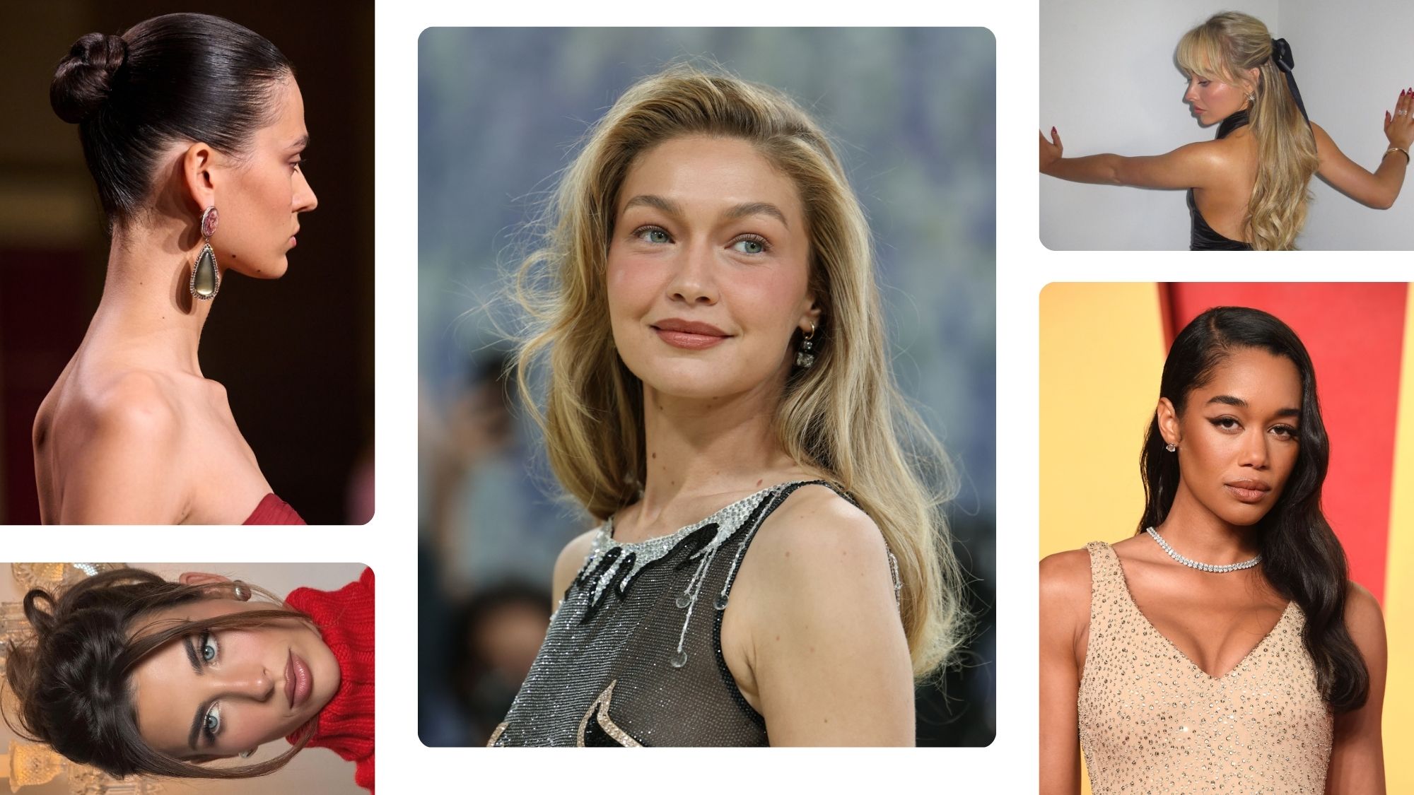 A collage of celebrities wearing hairstyles that work well for bridesmaids.