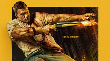 Alan Ritchson wielding a shotgun on the poster of Motor City