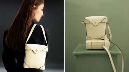 The mini pristine bag by Manu Atelier in creamy white sitting against a green background