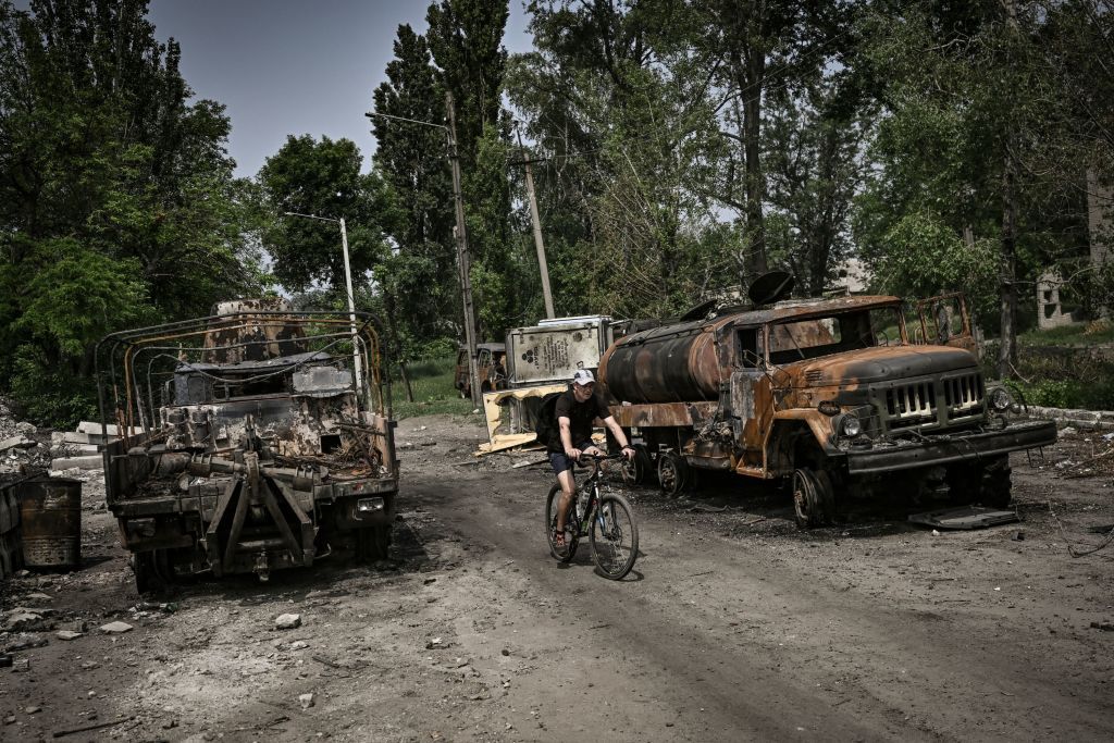 Destroyed military vehicles in Lysychansk