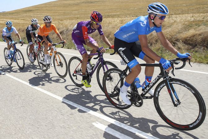 Stepan Kurianov (Gazprom-RusVelo) leads the day's five-man breakaway on stage 1 of the 2019 Vuelta a Burgos