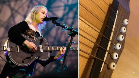 Phoebe Bridgers performs live on stage / a DIY rubber bridge on an acoustic guitar