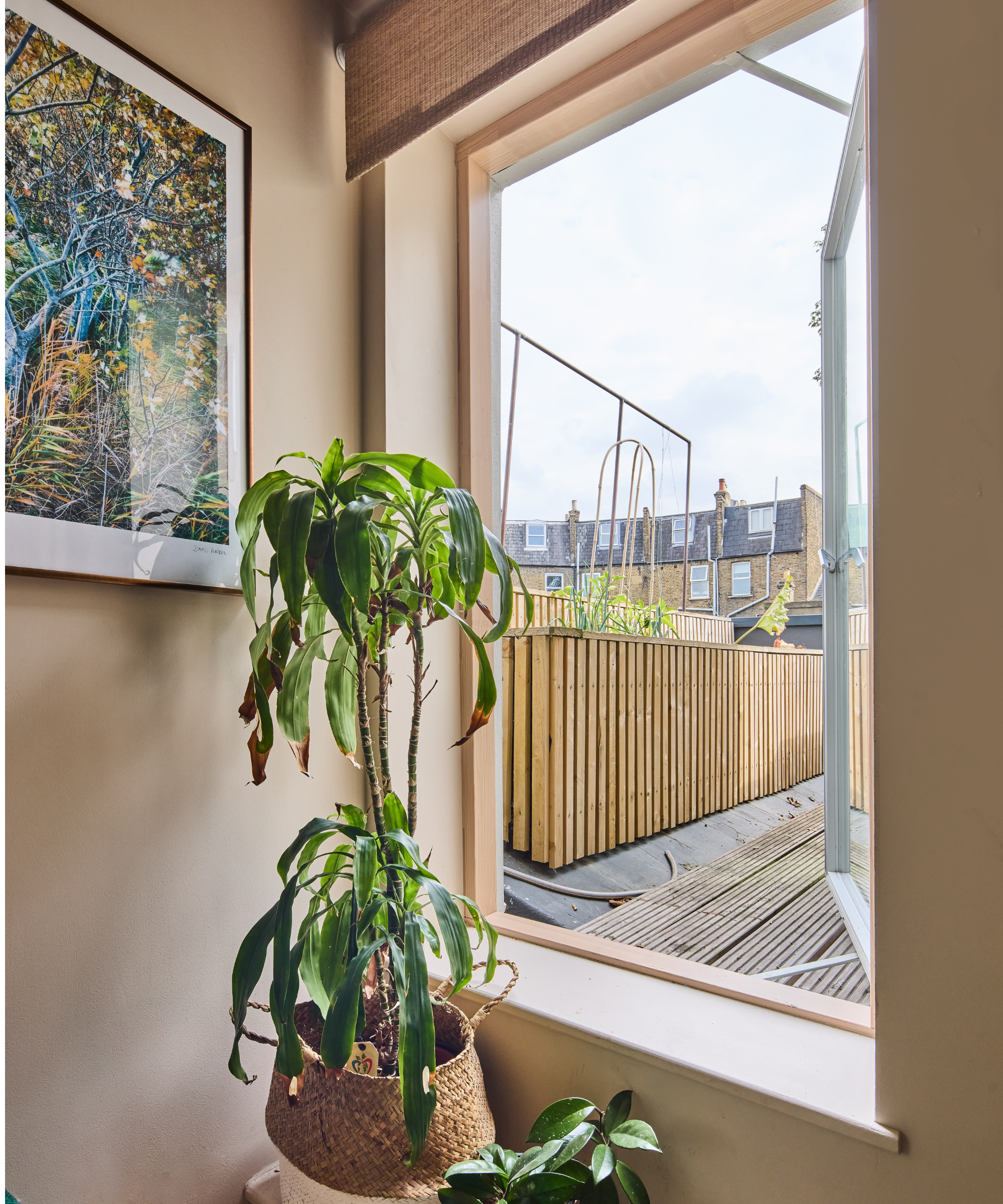 Window-door opening up onto a decking area