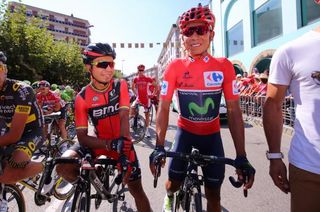 Nairo Quintana (Movistar) with BMC's Darwin Atapuma on the start line