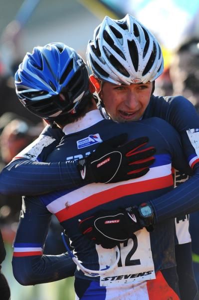 Cl&eacute;ment Venturini (France) gets a hug as France go 1-2-3