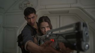 Archie Renaux as Tyler and Cailee Spaeny as Rain Carradine in 20th Century Studios' ALIEN: ROMULUS. Photo courtesy of 20th Century Studios. © 2024 20th Century Studios. All Rights Reserved