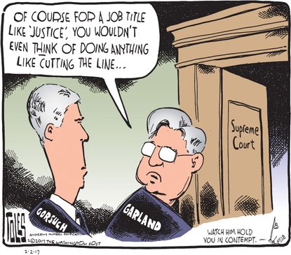 Political Cartoon U.S. Supreme court nomination cutting line Merrick garland Neil Gorsuch