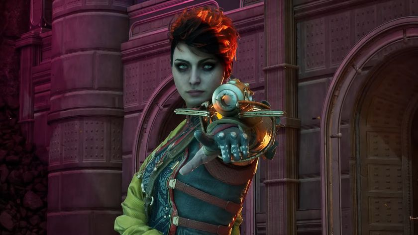 The Outer Worlds 2 screenshot of companion Aza who points a weapon that&#039;s mounted on her lower arm