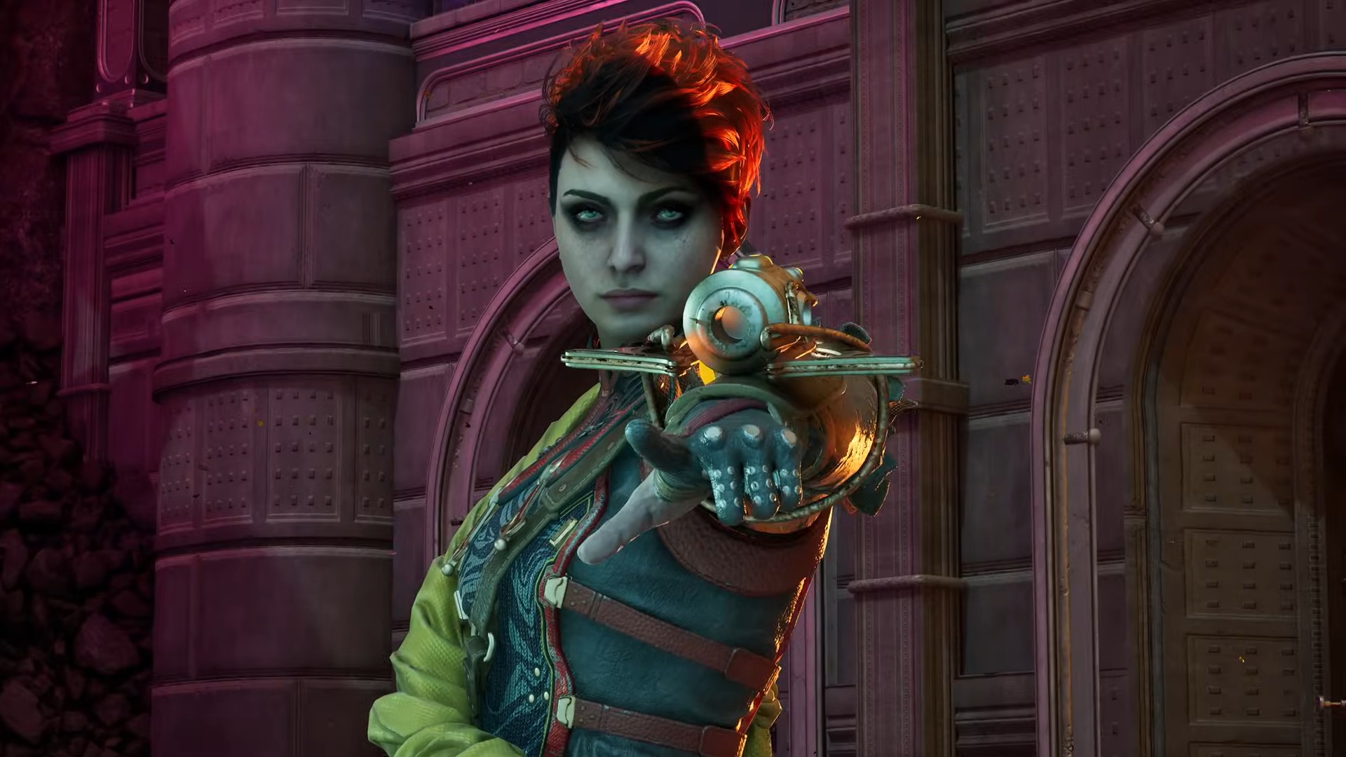 The Outer Worlds 2 screenshot of companion Aza who points a weapon that&#039;s mounted on her lower arm