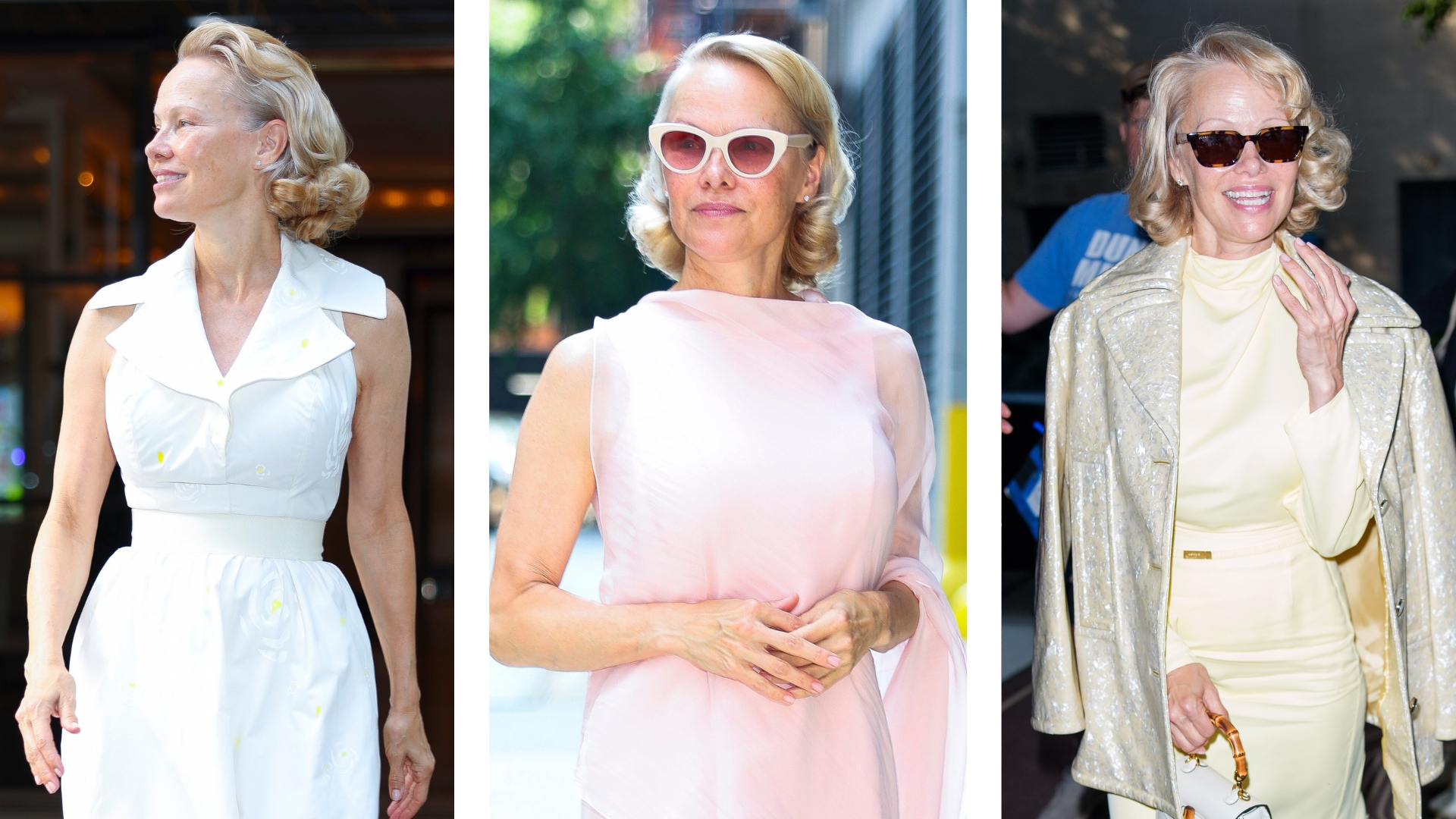 On the left, Pamela Anderson is seen wearing a white dress and with a sheer pink manicure whilst on Upper East Side on July 30, 2025 in New York City, followed by another picture of Anderson, this time wearing a pink dress and again seen with a sheer pink manicure. Finally, on the left, is a snap of Anderson wearing a shimmery coat with a yellow dress and a sheer pink manicure visible on her nails/