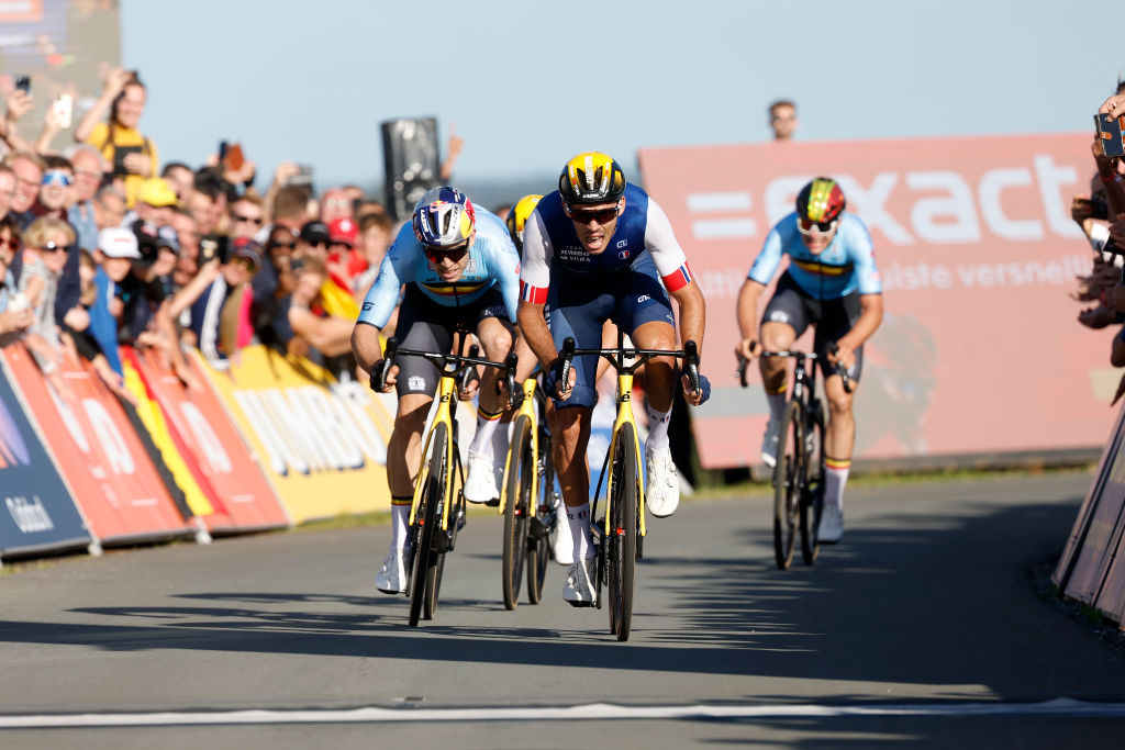 COL DU VAM NETHERLANDS SEPTEMBER 24 LR Wout Van Aert of Belgium and race winner Christophe Laporte of France sprint at finish line during the 29th UEC Road Cycling European Championships 2023 Elite Mens Road Race a 1998km one day race from Assen to Col du VAM UCIWT on September 24 2023 in Col du VAM Netherlands Photo by Bas CzerwinskiGetty Images
