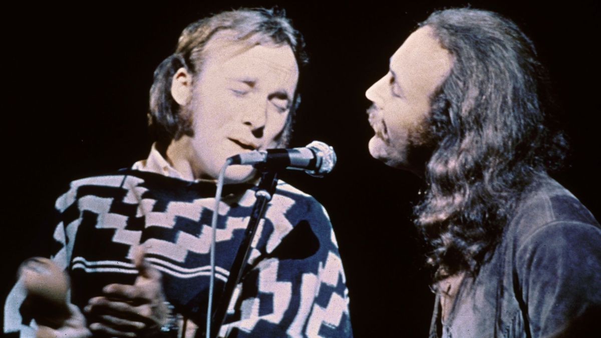 Stephen Stills (left) and David Crosby of the group Crosby, Stills, &amp; Nash performs on stage at the Woodstock Music and Art Festival, Bethel, New York, August 17, 1969.