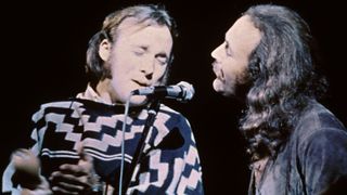 Stephen Stills (left) and David Crosby of the group Crosby, Stills, & Nash performs on stage at the Woodstock Music and Art Festival, Bethel, New York, August 17, 1969.