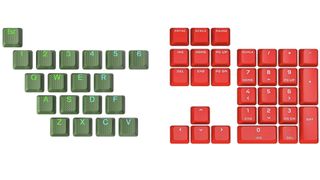 Red and green keycaps on keyboards