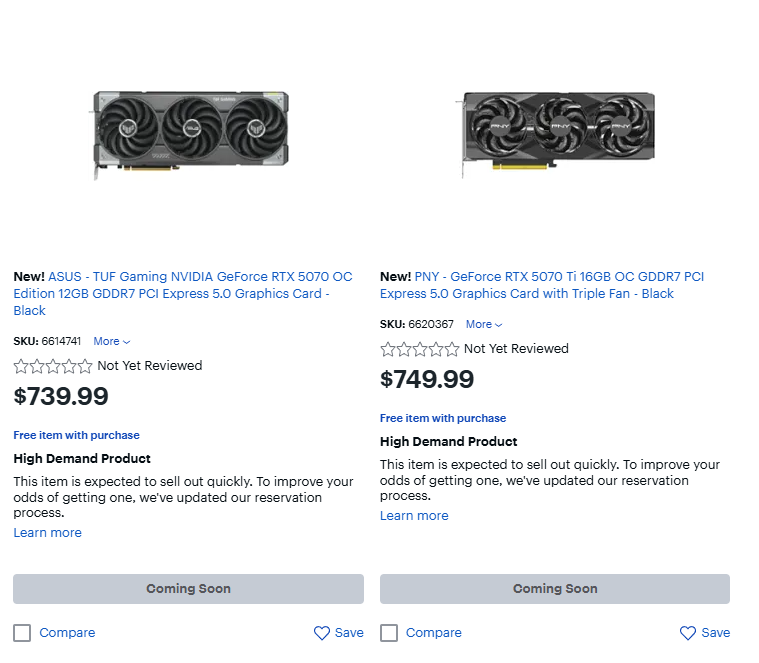 Asus and PNY RTX 5070 graphics cards listed on Best Buy