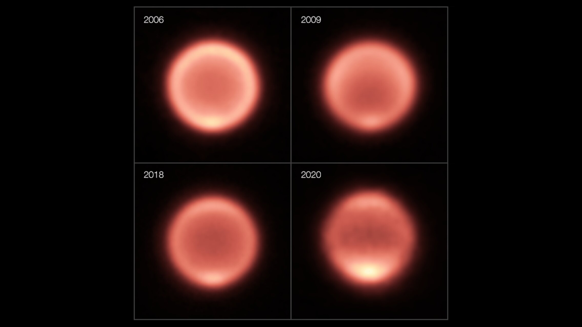 Esta composição mostra imagens térmicas de Netuno tiradas entre 2006 e 2020.