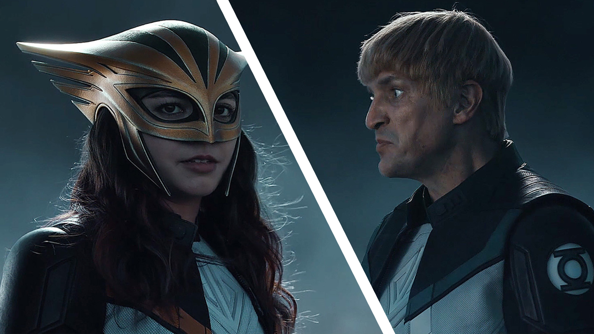 A collage of Hawkgirl and Guy Gardner/Green Lantern at night in Peacemaker season 2 episode 1