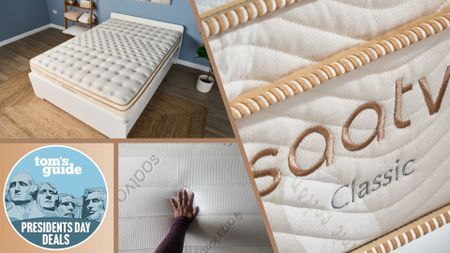 A collage of the Saatva Classic Mattress. In the lower left-hand corner, there is a deals badge (featuring Mount Rushmore) for the Presidents' Day mattress sales.