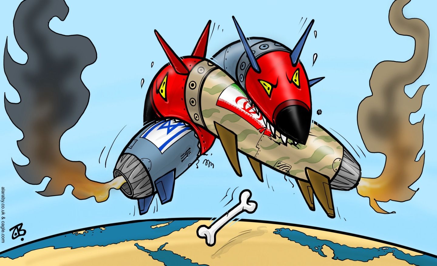 
                                This editorial cartoon takes place in the sky above Earth, seen at the bottom. An Israeli and Iranian missile are drawn to resemble dogs and are biting each other as a bone falls to Earth.
                            