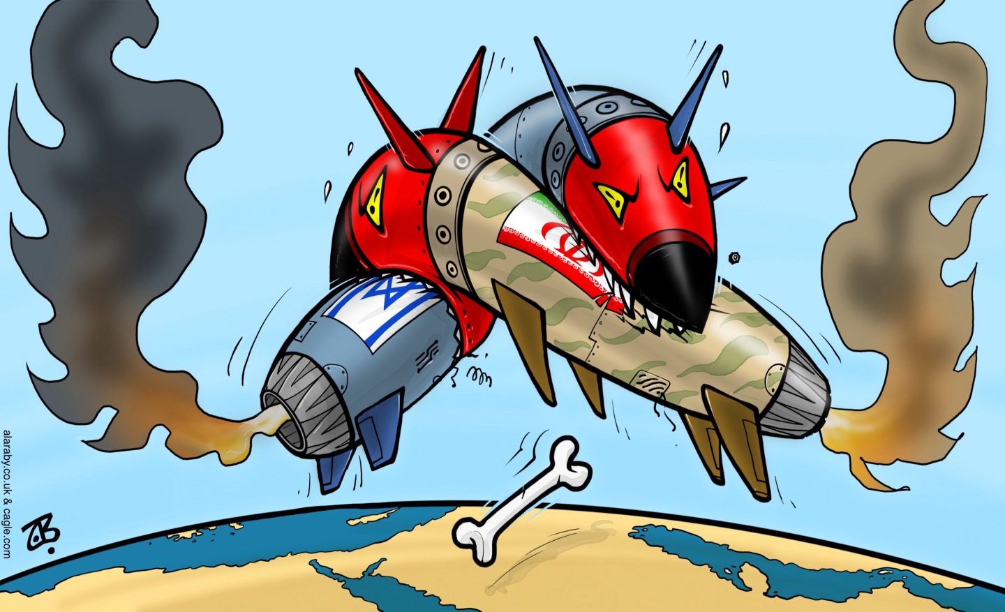 This editorial cartoon takes place in the sky above Earth, seen at the bottom. An Israeli and Iranian missile are drawn to resemble dogs and are biting each other as a bone falls to Earth.