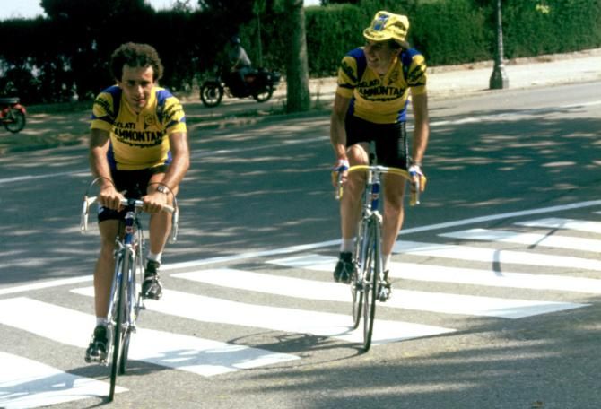 1984 Worlds: Powerhouse Italian Moreno Argentin, left, pre-rides the circuit in Barcelona, Spain