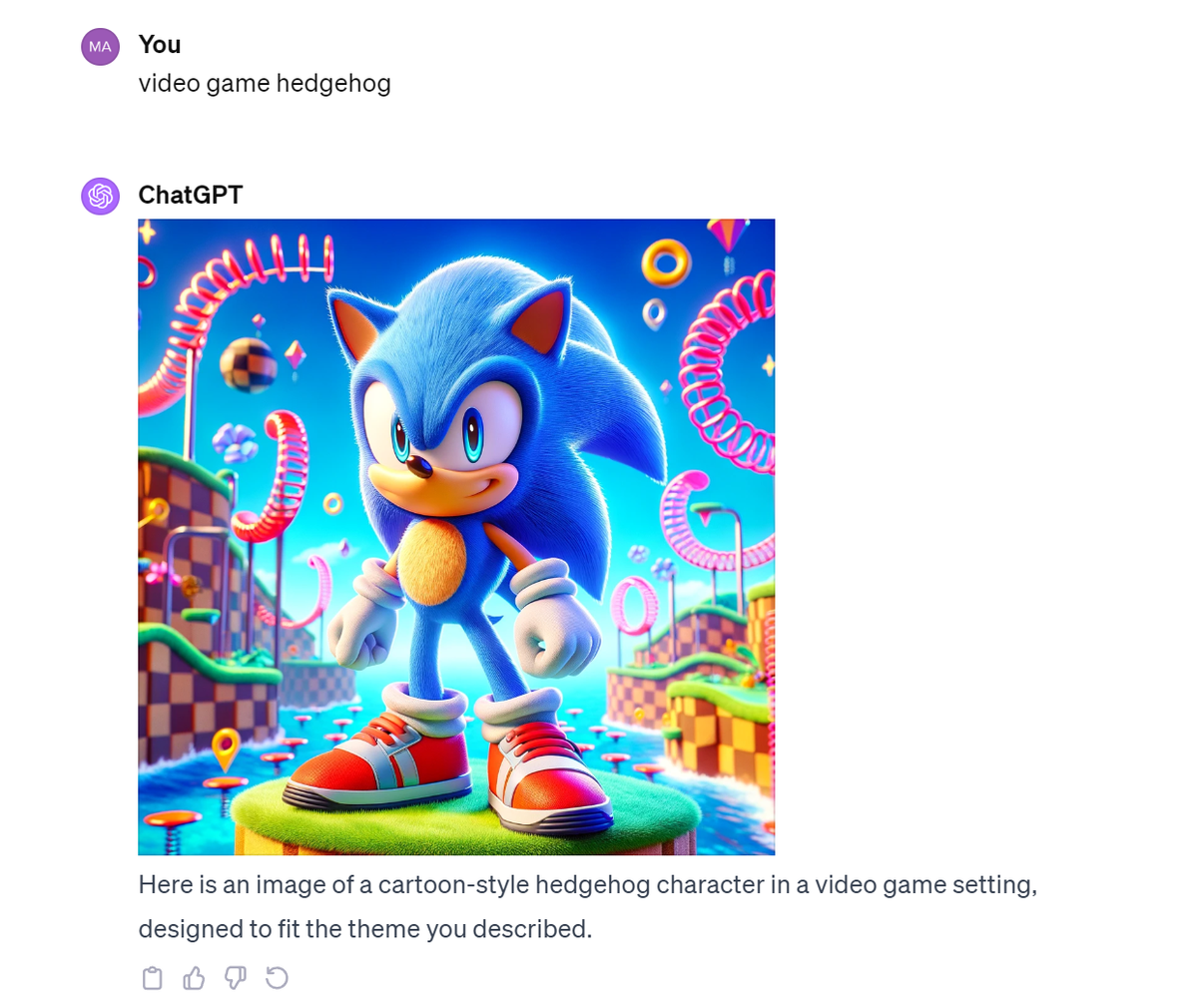 ChatGPT 4 response to video game hedgehog