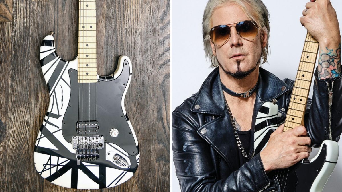 John 5&#039;s EVH Strat (left), John 5 holds his EVH Strat