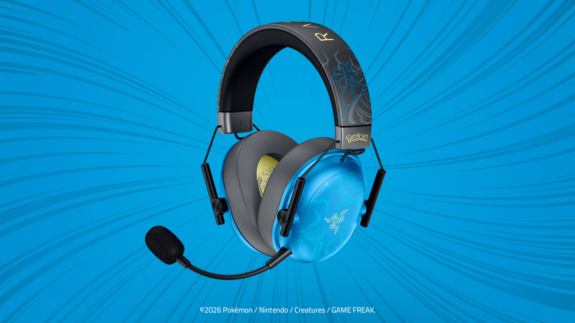 Lucario Edition: Razer BlackShark V3 X HyperSpeed Lucario Edition headset in blue and black, featuring aura designs on cyan earcups, a boom mic, and Lucario headband art.
