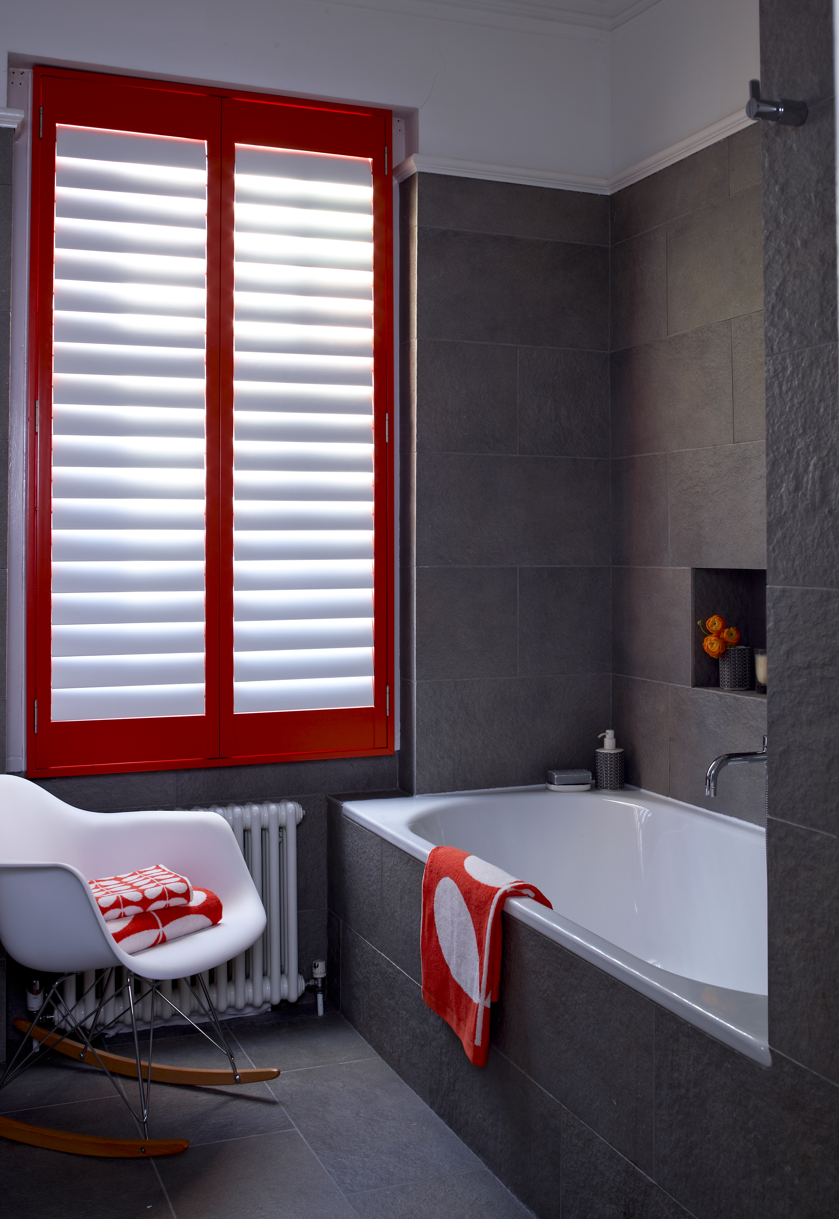 Red California Shutters in a modern bathroom