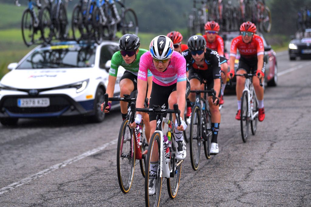 OVADA ITALY JULY 04 Demi Vollering of Netherlands Green Points Jersey Anna Van Der Breggen of Netherlands and Team SD Worx Pink Leader Jersey during the 32nd Giro dItalia Internazionale Femminile 2021 Stage 3 a 135km stage from Casale Monferrato to Ovada GiroDonne UCIWWT on July 04 2021 in Ovada Italy Photo by Luc ClaessenGetty Images