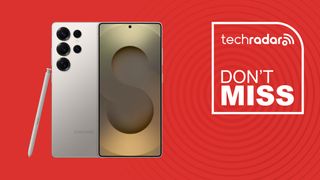 Samsung Galaxy S25 Ultra on red background with TechRadar don't miss sign