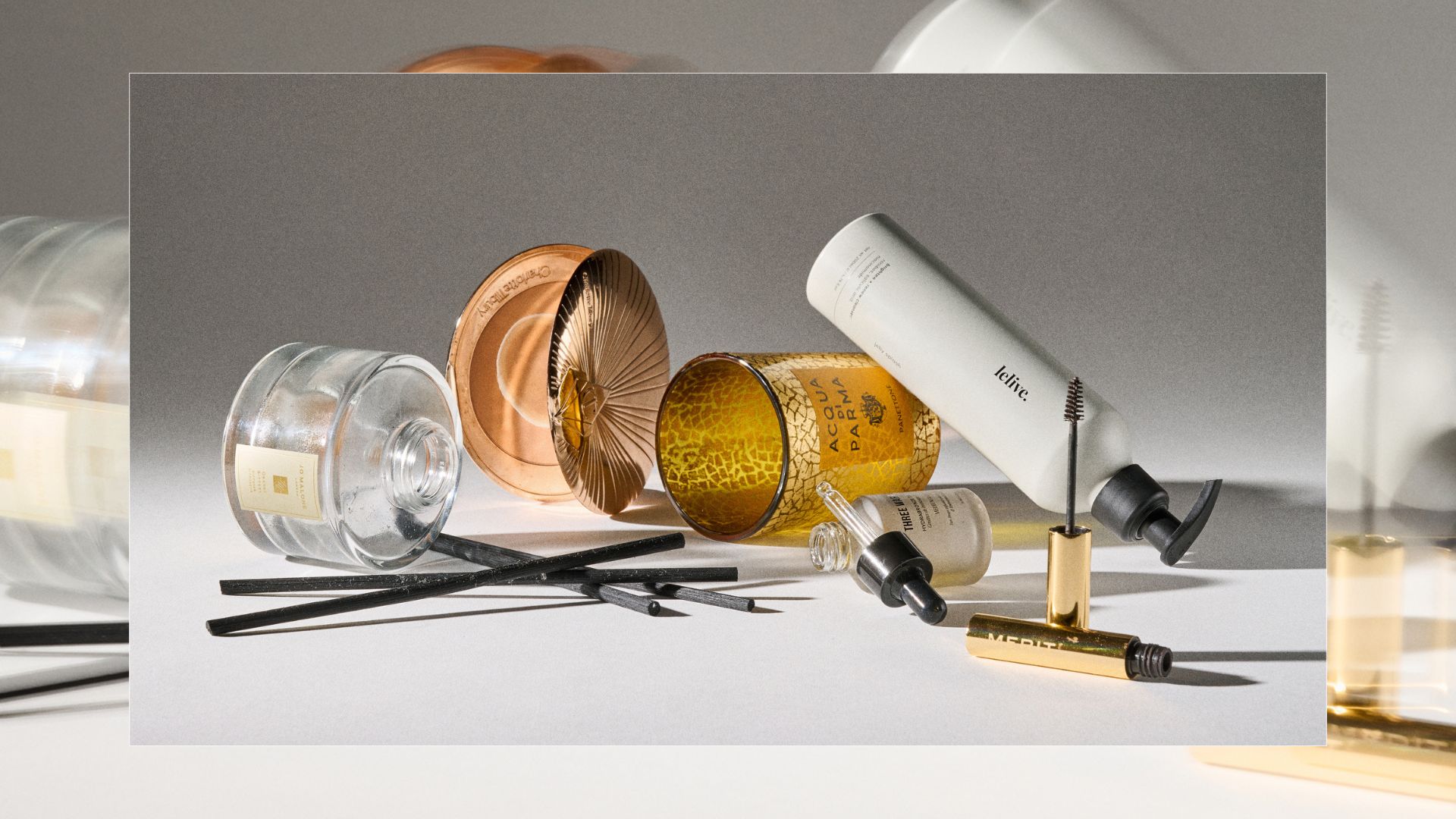 Shannon Lawlor's empty beauty products from January 2026, including Charlotte Tilbury nronzer, Jo Malone London diffusers, Merit brow gel, Lelive cleanser and Acqua di Parma candle