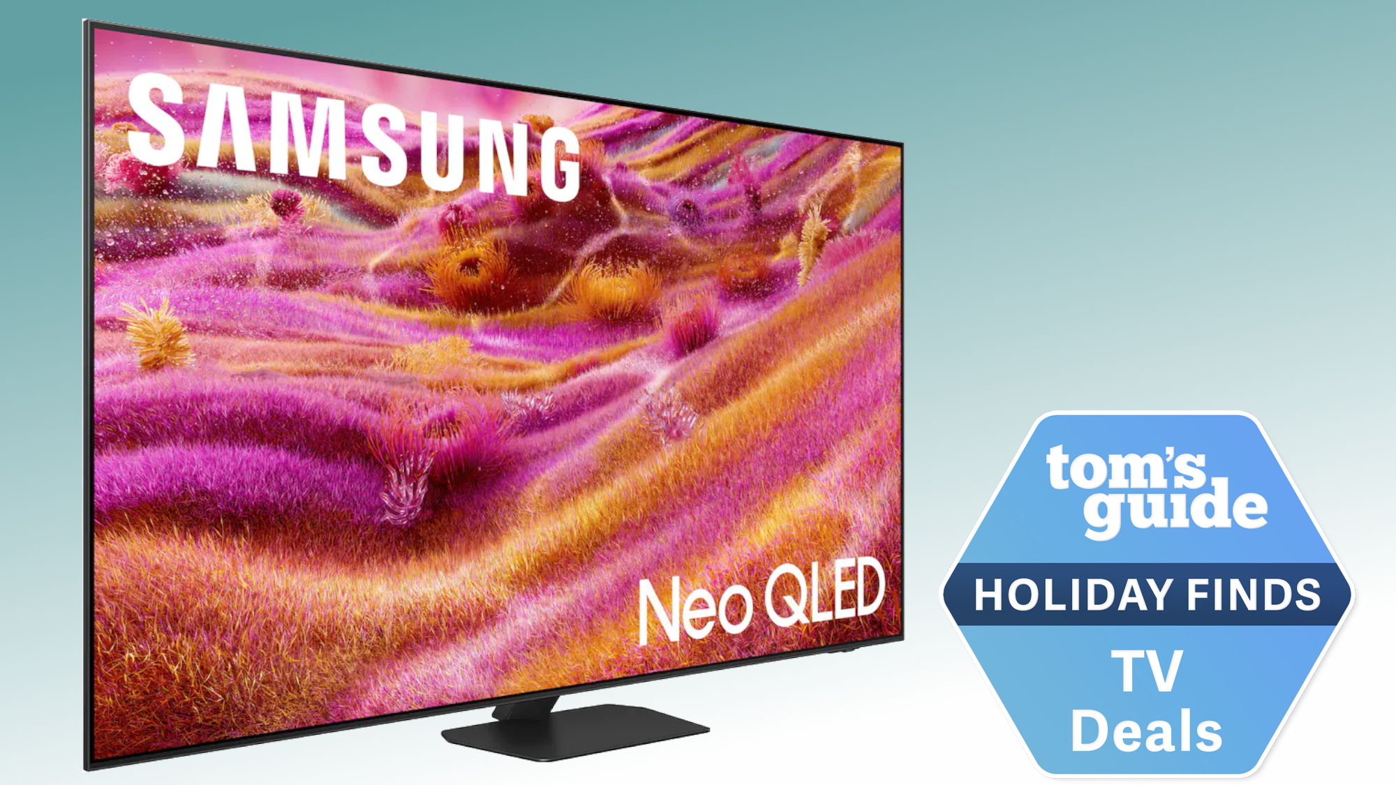 The Samsung QN90F Mini-LED TV next to a badge that reads: "Tom's Guide Holiday Finds TV Deals"