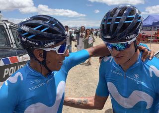 Nairo Quintana congratulates Winner Anacona for winning stage 5 in San Juan and taking the race lead
