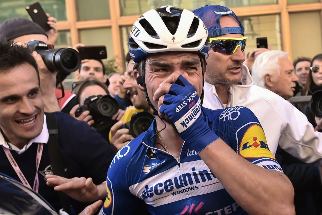 Julian Alaphilippe lets out the emotions after winning Milan-San Remo
