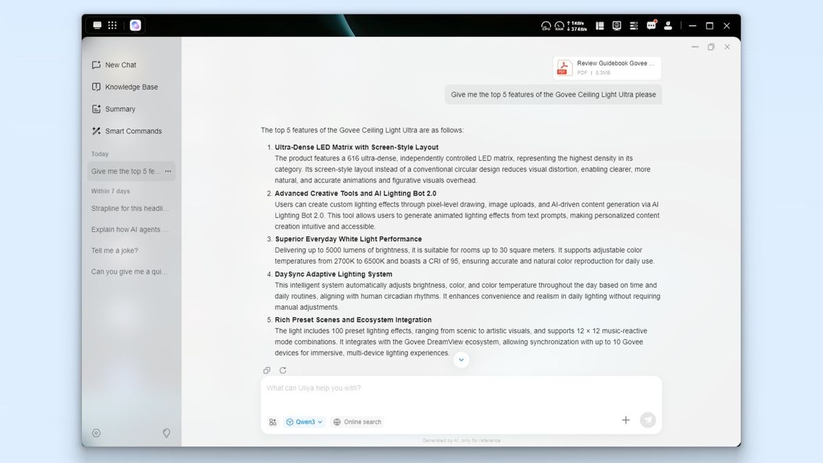 A screenshot showing document summary performed by Uliya on the Ugreen iDX6011 Pro